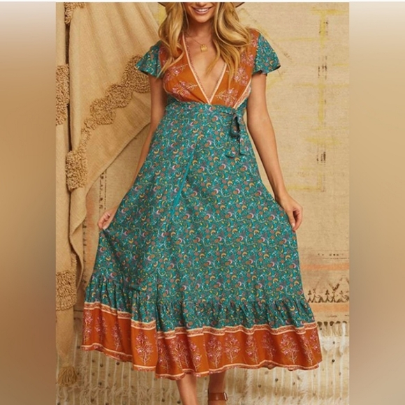 ZESICA Women's Floral Print Bohemian Waist Tie Wrap Long Flowy Dress Size S - Picture 3 of 10